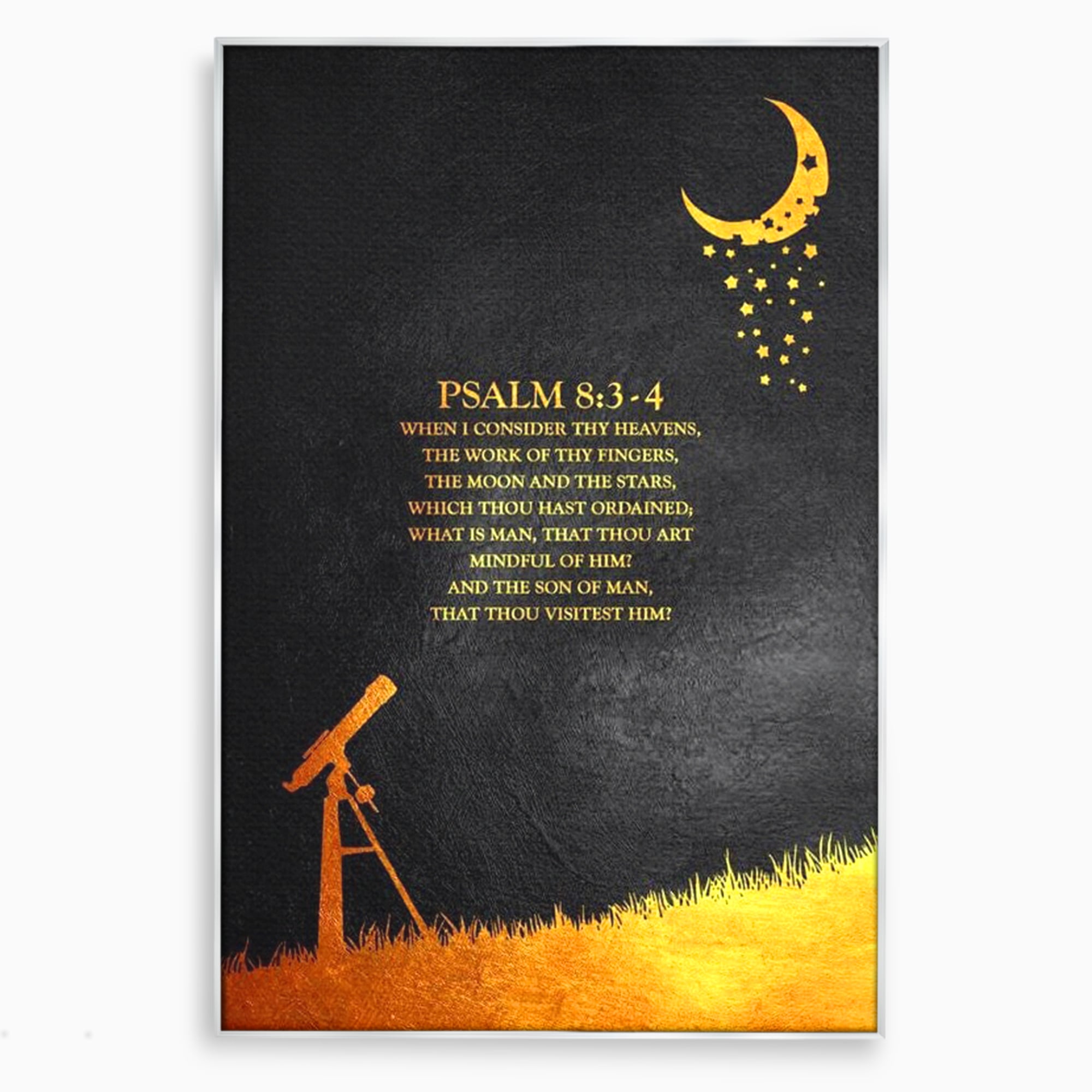 Tablou canvas cu tablou canvas cu citat biblic si telescop, in rama de aluminiu argintiu
